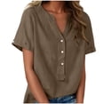 thumbnail image 1 of Floleo T-Shirt à Manches Courtes pour Femmes, Style Lin, Col en V, Boutons devant, Demi-Ouverture, Haut Vintage Classique, Respirant, Confortable, Extensible, Tissu Fin, Printemps Été Automne, Tenue Quotidienne (Coffee#2,m), 1 of 8