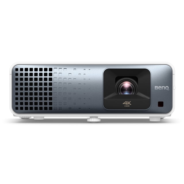 BenQ TK710 4K HDR Laser Movie and Gaming Projector front view with a silver-gray faceplate, large 4K HDR lens on the right, black ventilation grid on the left, and BenQ logo, ideal for bright home theatre and gaming setups.