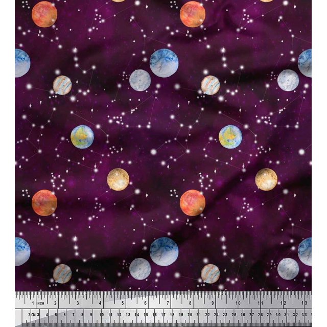 Soimoi Poly Georgette Fabric Planet Galaxy Decor Fabric Printed Yard 52 Inch Wide