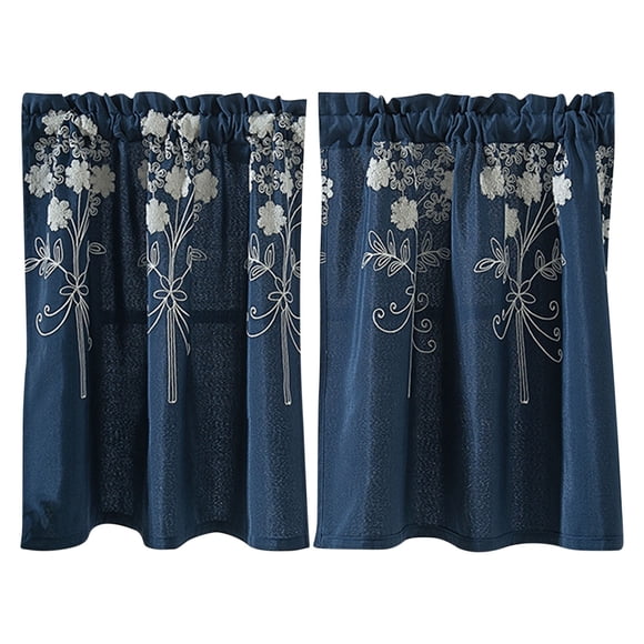 Short Curtain Rod Pocket Polyester Curtains 74 cm x 61 cm Navy Blue with Bow Ties and Checkered Border