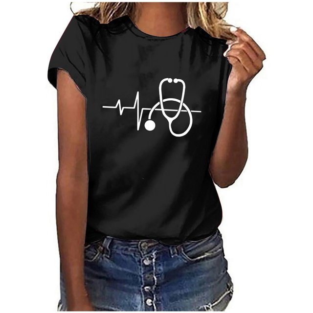 Womens Short Sleeves Print Nurses Day Casual Tops Pullover Blouse T-shirt