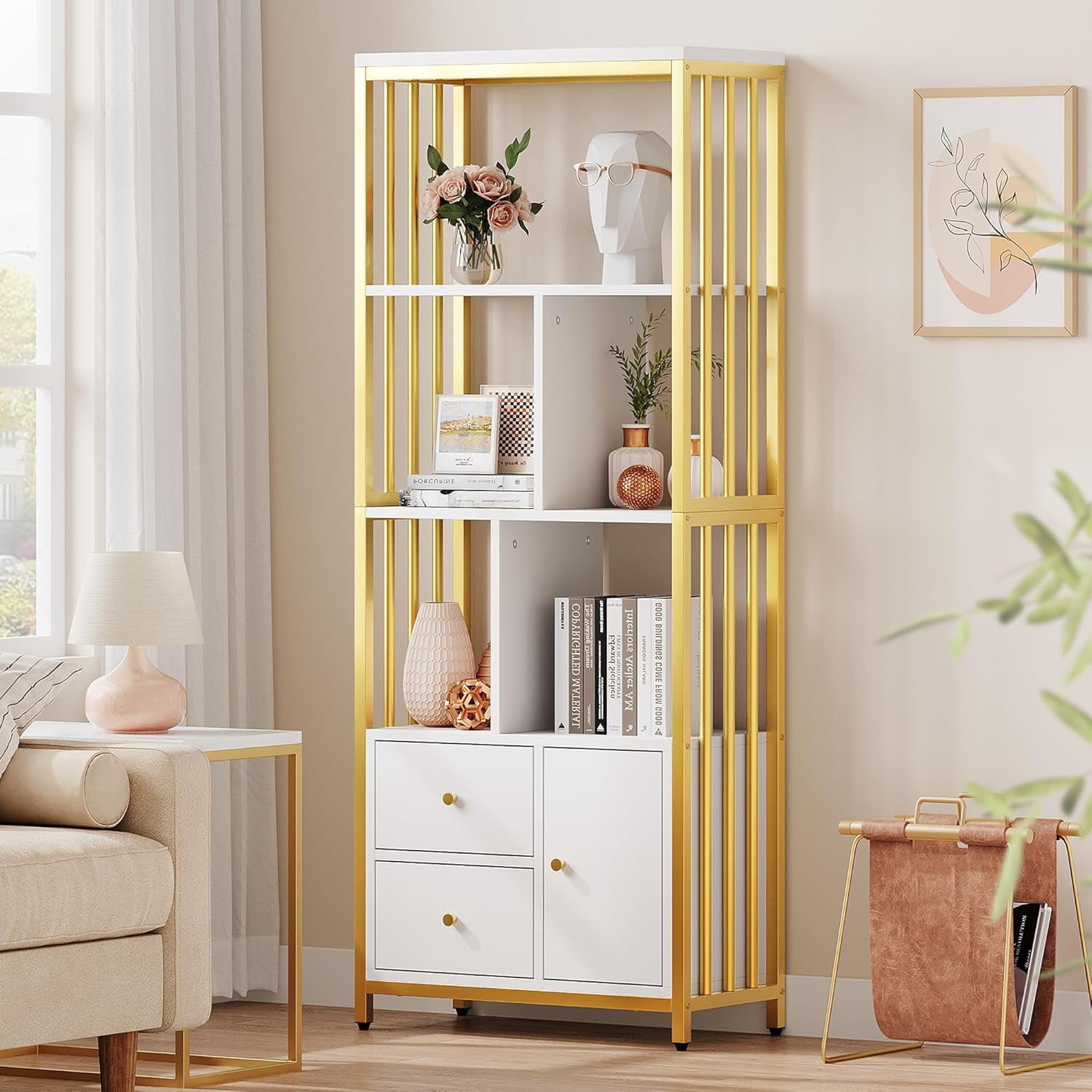Ourlova Gold Bookshelf - Modern Bookcase with Drawers Storage Rack Shelf Tall Standing Bookshelves Metal Frame Large Display Racks Unique Book Shelf for Bedroom/Living Room/Home/Office