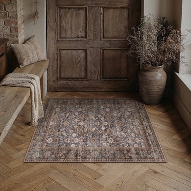 BERTHMEER 2'x3' Small Area Rugs for Doorway Kitchen Bedroom Entryway Laundry Dorm Entrance Office Washable Non Slip Indoor Doormats Oriental Vintage Floral Traditional Rugs, Blue Brown