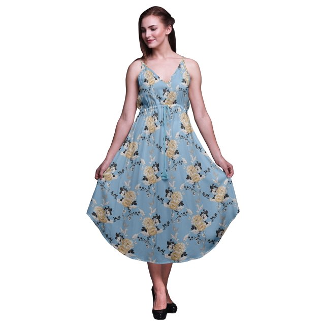 Bimba Robe Florale pour Femmes à Bretelles Spaghetti Col en V Midi Tenue de Plage-Moyenne