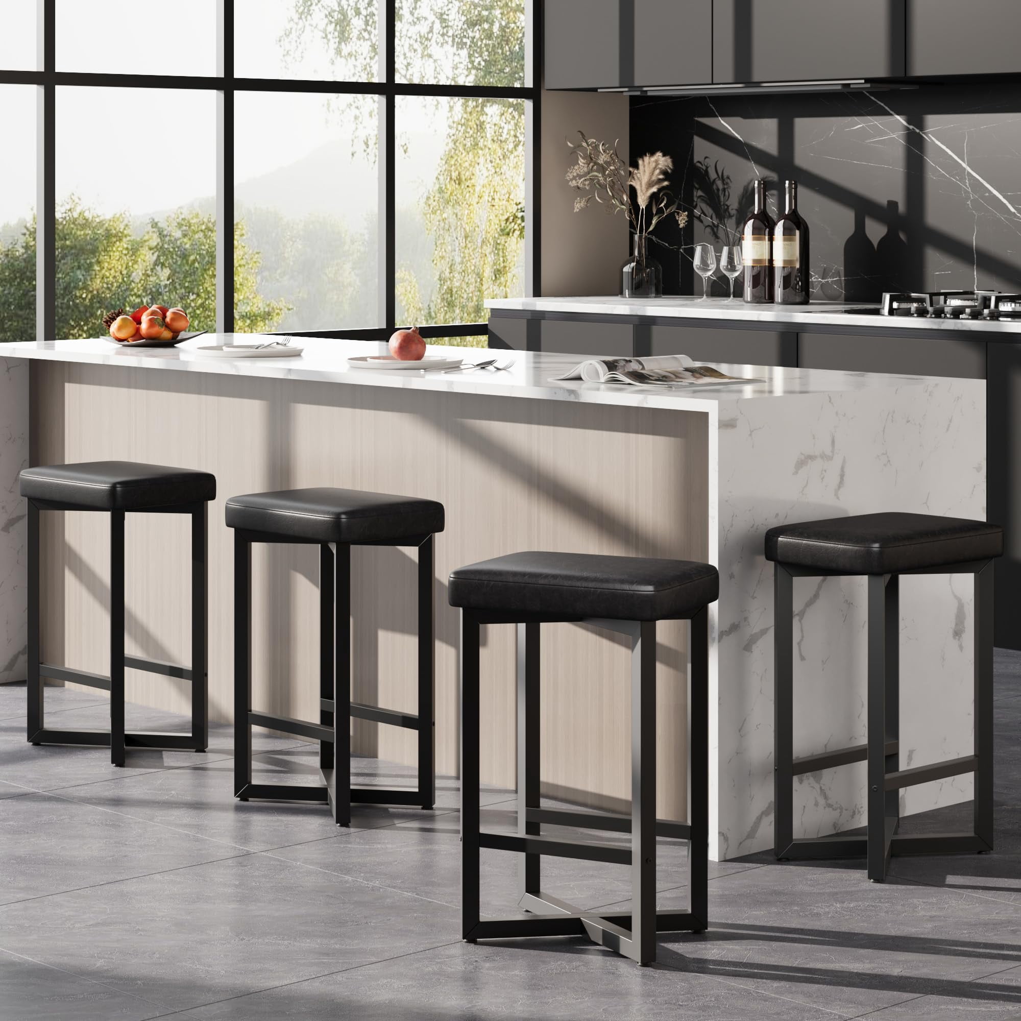 Bar Stools Set of 4, 24.6 in Upholstered Counter Height Bar Stools with Metal Frame & Footrest, Modern Backless Kitchen Barstools with PU Leather for Home Bar, Dining Room, Black