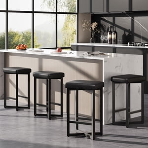 Bar Stools Set of 4, 24.6 in Upholstered Counter Height Bar Stools with Metal Frame & Footrest, Modern Backless Kitchen Barstools with PU Leather for Home Bar, Dining Room, Black