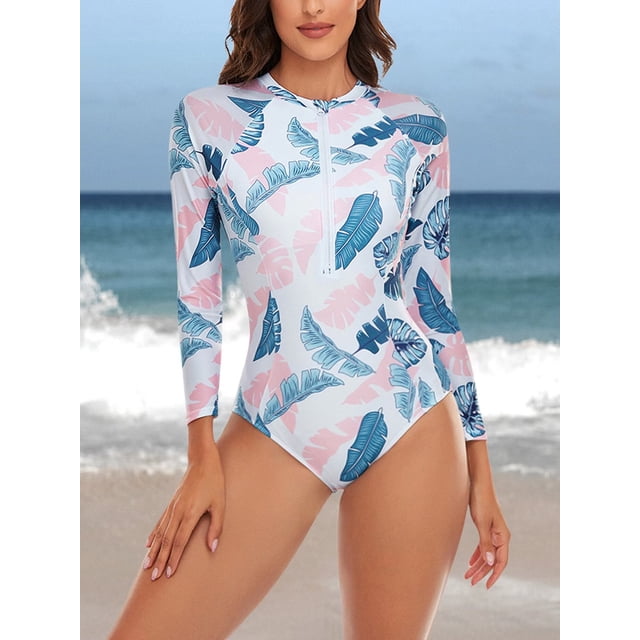 Charmo Women's One Piece Rashguard Swimsuit Floral Zip Front Surfing Shirt Sun Protection