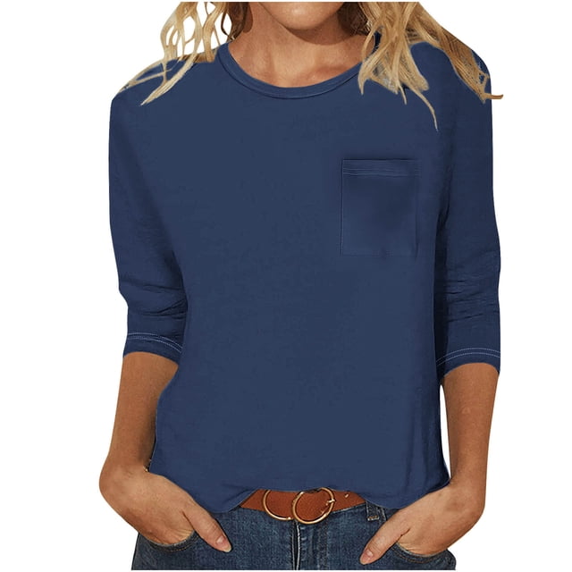 Haut Décontracté pour Femmes, Couleur Unie, Col Rond, Manches 3/4 et Poche à Manches 3/4