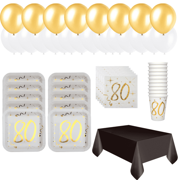 Celebrate in Style: 80th Birthday Party Supplies Bundle - 69pc Gold Dinner Plates, Cups, Napkins, Balloons & Tablecloth - Official Licensed Product for Unbeatable Value Fun!