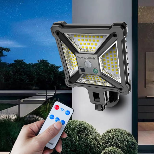 Sentmoon Todays Deals Clearance Sales Outdoor Lights, Motion Sensor Powered Lights IP65 with 3 modes and remote control. The black PVC light features 88 bright LEDs for enhanced brightness and a built-in PIR motion sensor with a detection range of 3-5 meters. It is mounted on a wall in an outdoor setting, illuminating a patio area. The light is IP65 waterproof, suitable for gardens, fences, and driveways, and includes a remote control for easy operation.