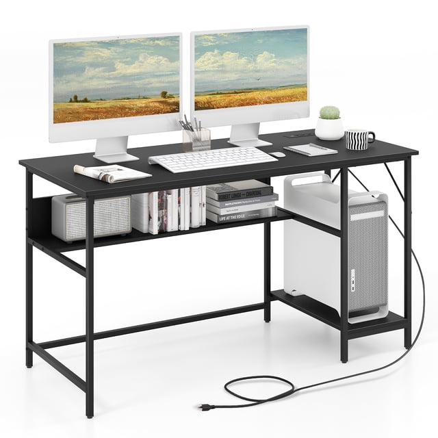 Gymax 55 Inches Computer Desk with Charging Station featuring 4 power outlets and 2 USB ports. The desk has a wide black engineered wood tabletop supported by a powder-coated metal frame. It includes an under-desk storage shelf for office supplies and a dedicated CPU stand. The desk is shown in a modern office setup with dual monitors, books, and accessories, highlighting its spacious and organized design.