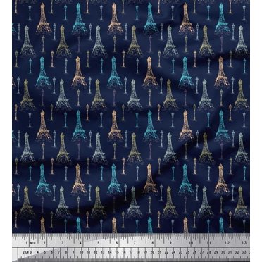 Soimoi Blue Cotton Cambric Fabric street lamp & Eiffel Tower Architectural Print Fabric by the Yard 42 Inch Wide