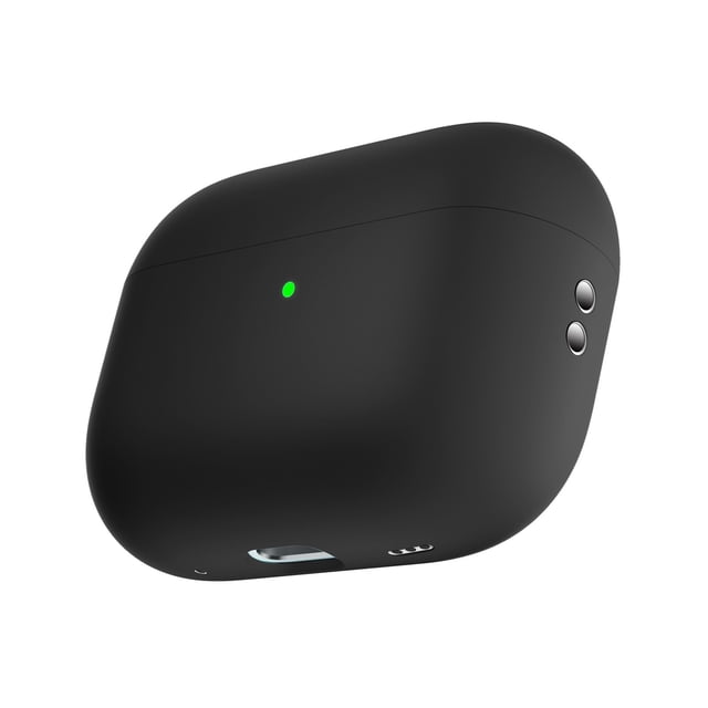 Soft Silicone AirPods Pro 2 Case - Thin Lightweight, 1.5mm, Full Protection - for Daily Use. A sleek black silicone headphone accessory case designed for AirPods Pro 2, featuring a thin 1.5mm profile, smooth texture, and all-inclusive protection. The case includes precise cutouts for charging access and a stable, fashionable design.