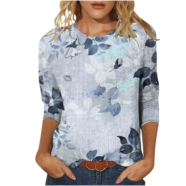 IROINID Économies Polyester T-shirt à Manches Longues pour Femmes Loisirs Imprimé T-shirt Ample Blouse Col Rond Hauts, Gris