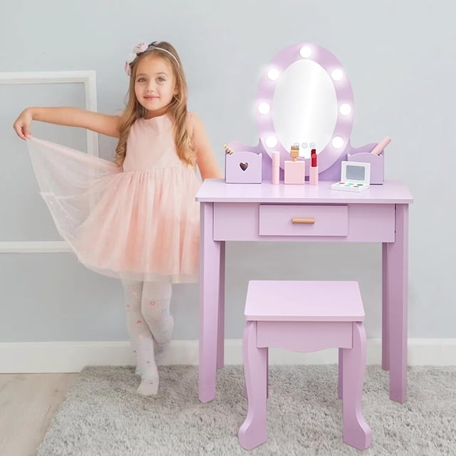 Kids Vanity with Lighted Mirror, Toddler Vanity Table and Chair Set, Girls Makeup Playset, Purple