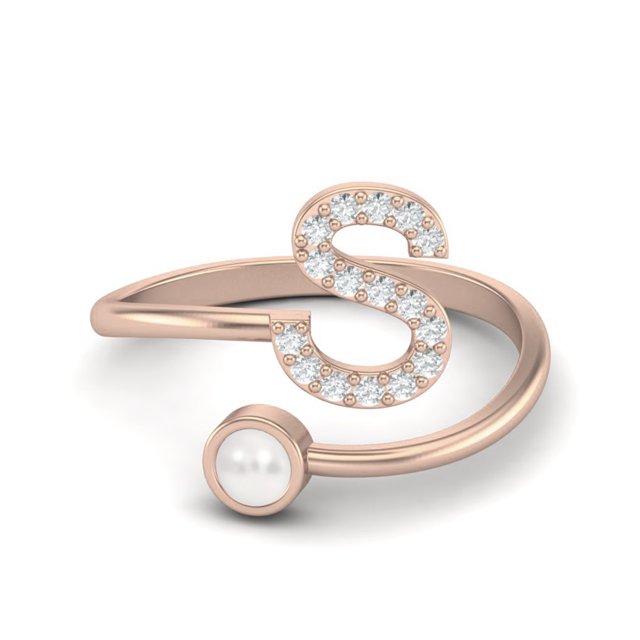 Bague pour Femme avec Lettre Initiale S et Perle, Bague Ajustable à Ouverture Frontale, Bijou, Vermeil Rose en Argent Sterling 925