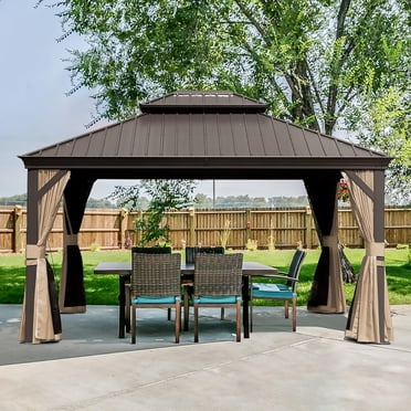 Domi Outdoor Living Pavillon à Toit Rigide 10 Pieds X 12 Pieds, Auvent à Cadre en Aluminium avec Double Toit en Acier Galvanisé, Pavillon Extérieur Permanent en Métal avec Rideaux et Moustiquaire pour Patio, Cour Arrière et Pelouse, Brun