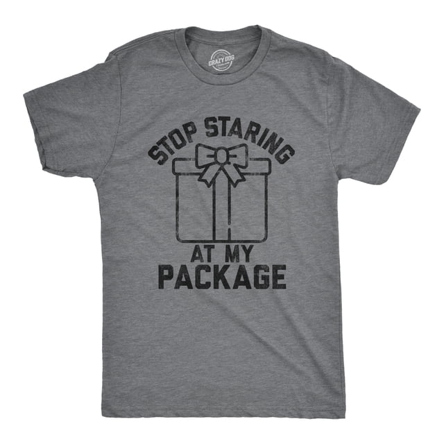 Mens Stop Staring At My Package T Shirt Funny Christmas Party Innuendo Graphic Tee (Dark Heather Grey) - S