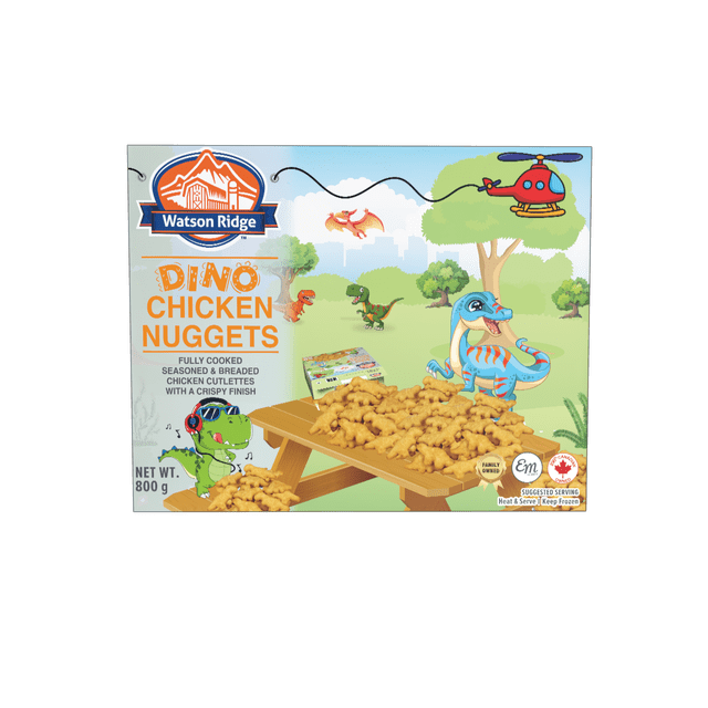 Watson Ridge Boîte de Pépites de Poulet Dino avec des Escalopes de Poulet Entièrement Cuites, Assaisonnées et Panées en Forme de Dinosaures à la Finition Croustillante, Exposées sur une table de Pique-Nique en Bois dans une Scène de Parc de Dessins Animés Mettant en Vedette des Arbres, des Personnages de Dinosaure et un Hélicoptère Rouge, Poids net 800 g, Idéal pour des Repas Faciles et Adaptés aux Enfants.