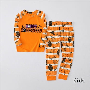 EQWLJWE Joyeuse Halloween Imprimé de Lettres Ensemble de Pyjama Familial Rayé Visage Souriant Imprimé de Ballons Manches Longues Col Rond Tenue de Nuit d'Halloween Ensemble de Pyjama Familial Ensemble de Détente Ensemble Deux Pièces pour Enfant