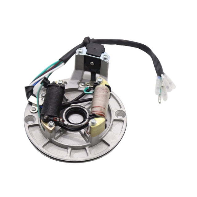 Magneto Stator for 49cc 50cc 70cc 90cc 110cc 125cc Kick Start Dirt Bike Horizontal Engine. Constructed from durable aluminum alloy with a 115mm outside diameter and 101mm installation row. Includes wiring harness and coils for reliable performance. Ideal replacement stator coil for pit and dirt bikes with horizontal engines ranging from 50cc to 125cc, commonly used in motorcycle parts.