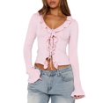 thumbnail image 1 of Women Ruffle Tie Front Cardigan Sweater Long Bell Sleeve Cropped Knit Sweater Top Pink L, 1 of 7