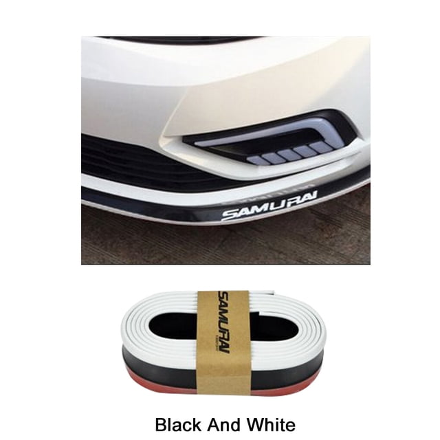 kurtrusly Front Bumper Cover Universal Car Front Lip Protector Guard Flexible Bumper Protective Rubber Strap 2.5m in black and white. The coiled rubber strap features adhesive backing for easy installation, designed to protect car front lips from scratches and damage. Flexible and trimmable, suitable for various car models, ideal for customization and shielding.