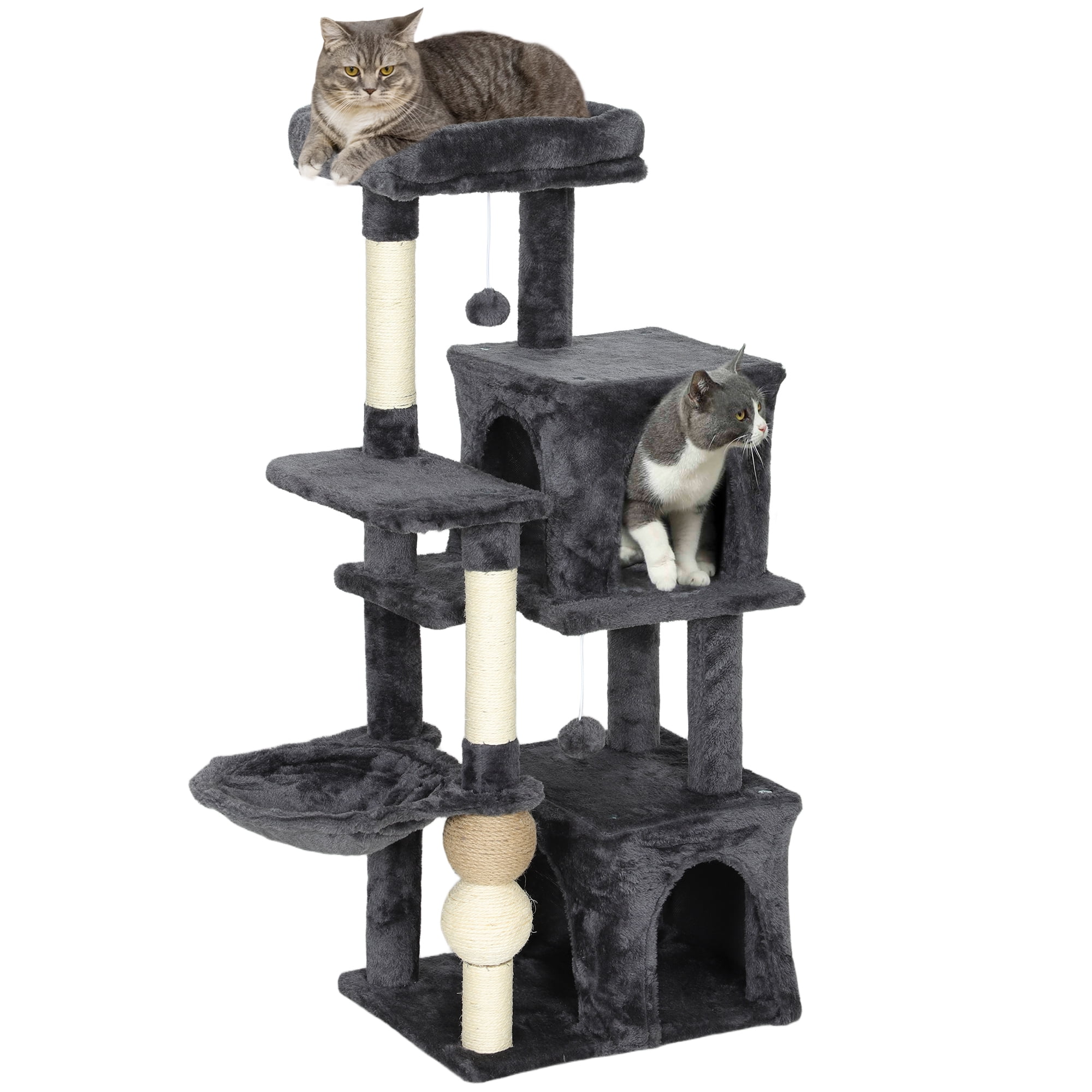 PawHut Multi-Level Cat Tower, Cat Tree with 2 Condos and Hammock, Dark Grey