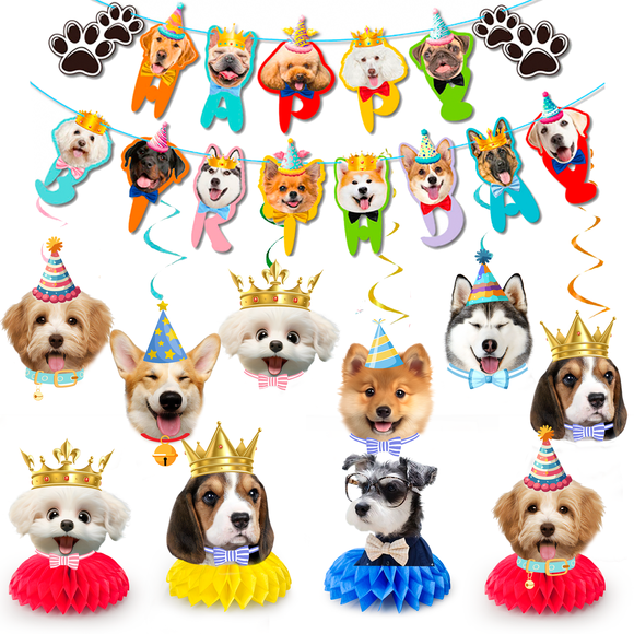 Décorations d'Anniversaire pour Chien, Bannière d'Anniversaire pour Chien, Centre de Table en Nid d'Abeilles avec Tourbillons Suspendus pour Décorations et Fournitures de Fête à Thème Chiot