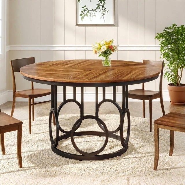 Fnova 47.24" Modern Round Dining Table for 4 with Wood Tabletop, Kitchen Table for Dining Room, Brown