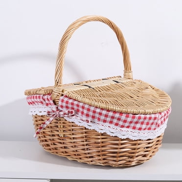 Panier de Pique-Nique Portable pour l'Extérieur, Panier de Pique-Nique en Osier avec Doublure, Couvercle Fendu en Bois, Panier de Pique-Nique Vintage, 9.75*9.36*7.02 Po, 1 Panier de Pique-Nique, Meiiso