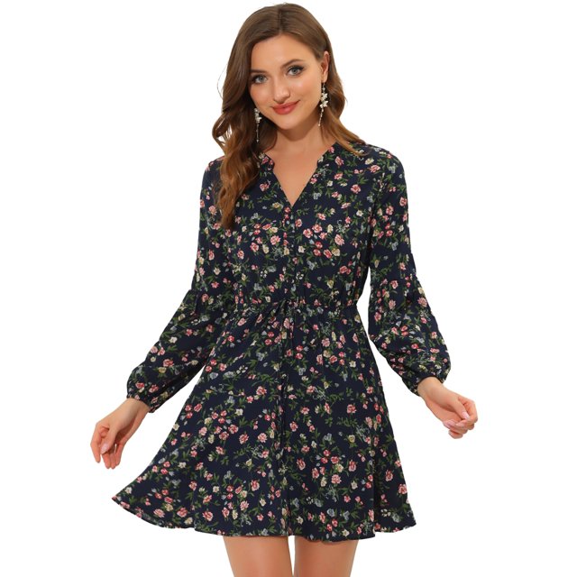 INSPIRE CHIC Robe Midi Courte Trapèze à Col en V à Imprimé Floral pour Femme, Taille Élastique, Boutonnée, S Bleu Foncé