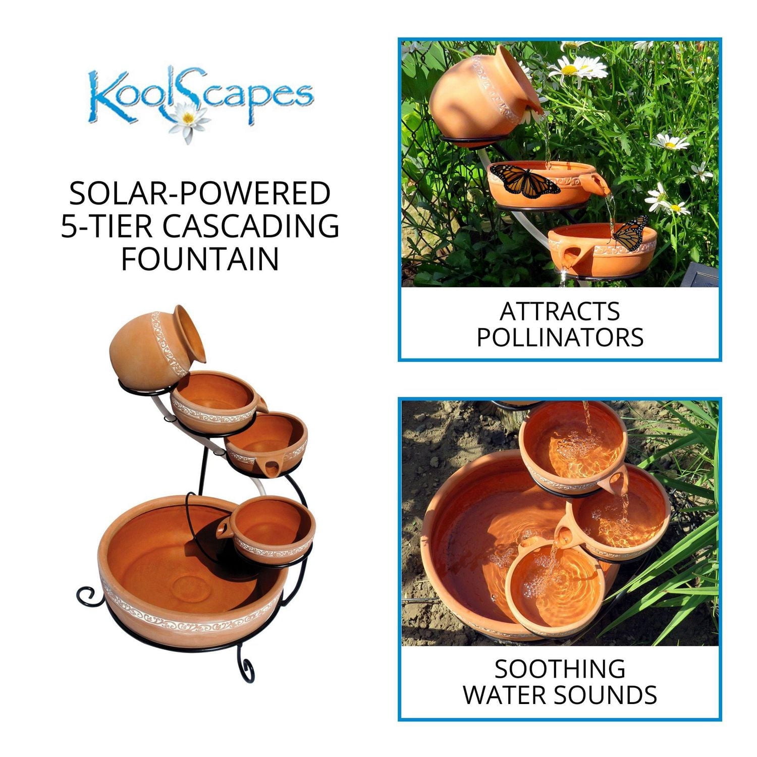 KoolScapes Fontaine en cascade à énergie solaire à 5 niveaux avec pots en terre cuite, élément d'eau extérieur pour décoration de jardin