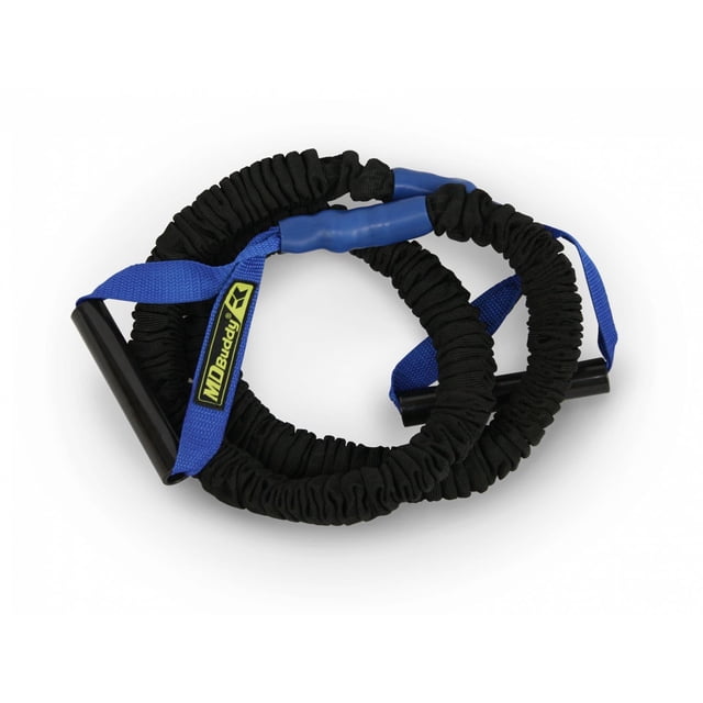 MD Buddy Sleeved Resistance Tubes -Medium featuring coiled black rubber tubes protected by a black fabric sleeve with blue nylon handles and straps displaying the MD Buddy logo, ideal for portable strength training exercises like bicep curls, rows, and squats in small spaces or while travelling.