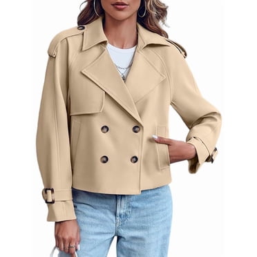 Manteaux Trench Courts pour Femmes à Manches Longues, à Double Boutonnage, à Revers Cranté, Coupe Ample Décontractée, avec Poches, Kaki Pâle, TG
