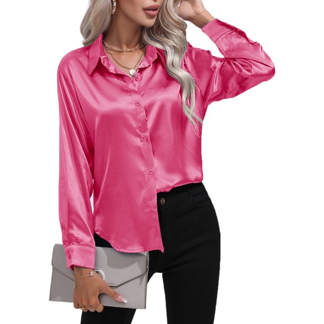 Innerwin Shirts Long Sleeve Ladies Tunic Tops Office Button Down Soft Blouse Rose Red L
