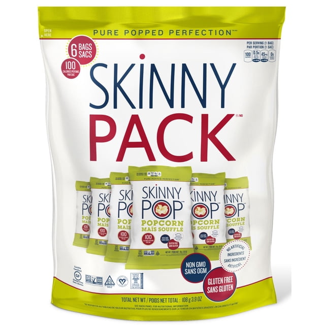SkinnyPop Skinnypack Maïs Soufflé Sans gluten, Lot de six, Contenant six Sacs Verts et Blancs Individuels Étiquetés Non OGM, Conviviaux pour les Véganes et Sans Ingrédients Artificiels, Poids net total 108 g (3,9 oz), Convient pour une Collation Santé Ou une Gâterie à Portions Contrôlées.
