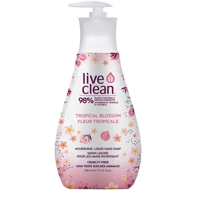 Live Clean Tropical Blossom Liquid Hand Soap in a white and pink pump bottle decorated with tropical flowers and pomegranate illustrations, featuring 98% plant and naturally derived ingredients, nourishing, hypoallergenic, cruelty-free formula, 500 ml size, ideal for daily hand care.