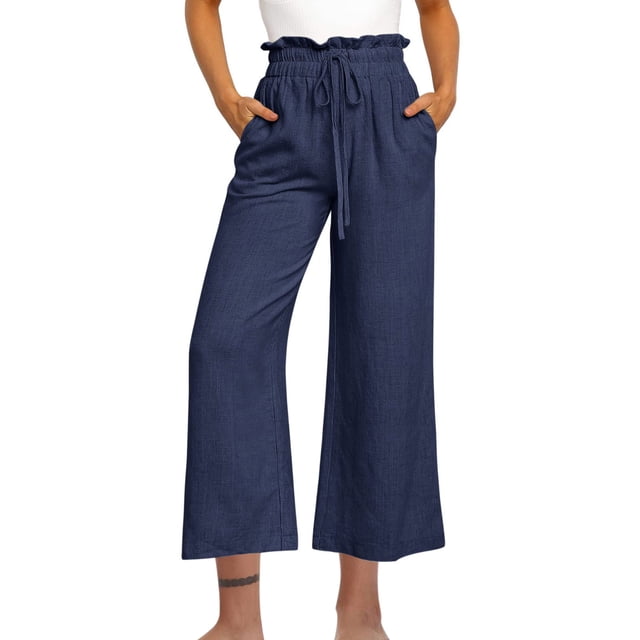 Yuyuzo Cotton Linen Pants for Women High Waisted Ruffle Drawstring Wide Leg Ankle Length Trousers
