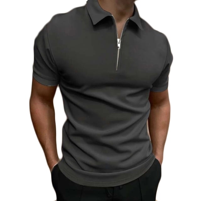 DPTALR Hommes Décontracté Uni Col Rabattu Chandail Patchwork Fermeture Éclair Manches Courtes Blouse