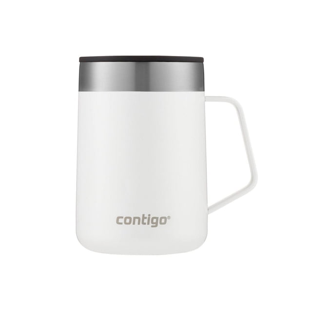 Contigo Streeterville Tasse en Acier Inoxydable avec Couvercle Anti-Éclaboussures, Capacité de 14 oz, Corps et Poignée Blancs à Isolation sous Vide, Rebord en Acier Inoxydable, Conçue pour le Café et le Thé avec une base Antidérapante pour Empêcher le Glissement et les Rayures sur les surfaces.