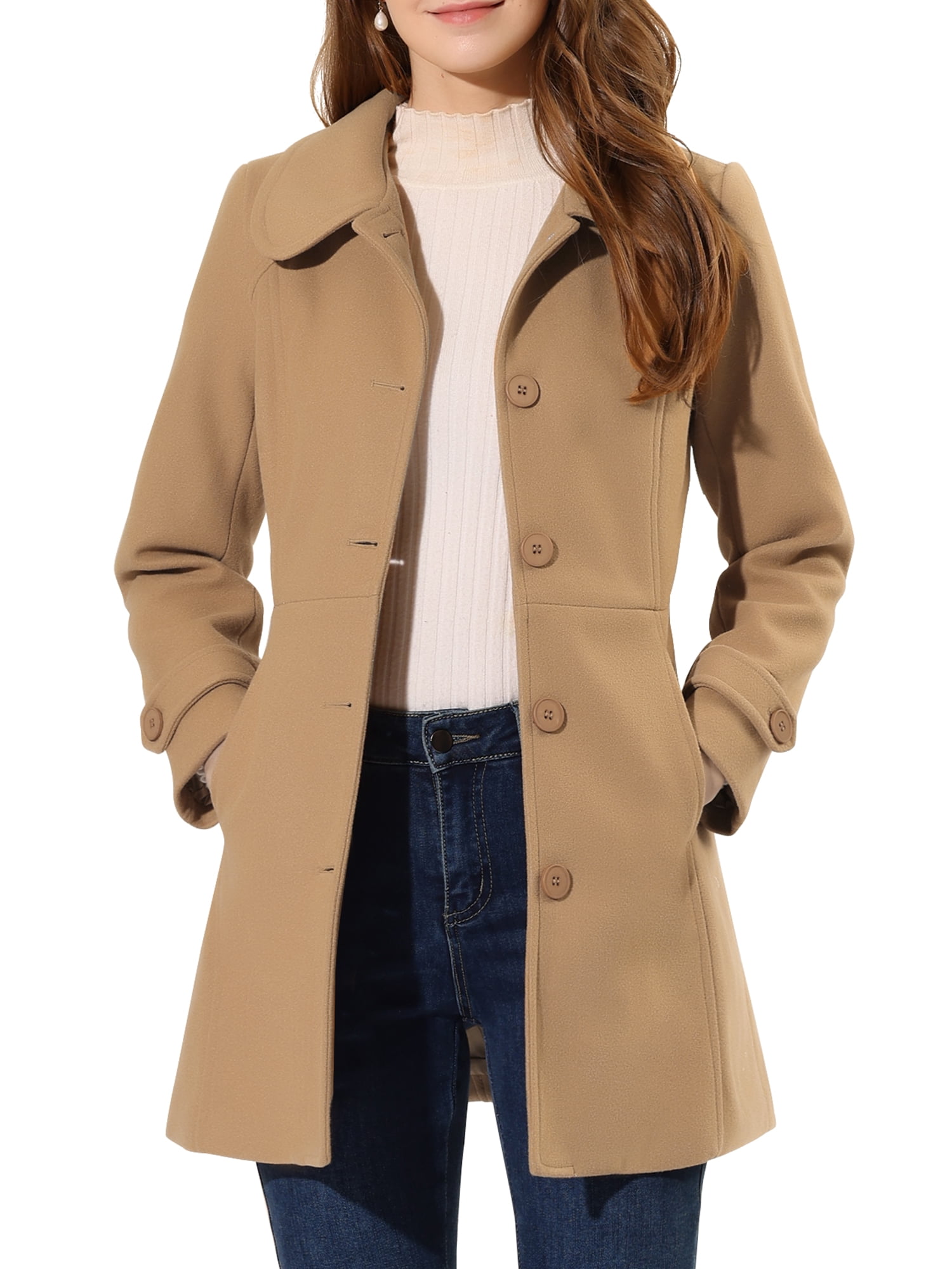 INSPIRE CHIC Manteaux pour Femmes Col Peter Pan Boutonnage Simple devant à Boutons Manteaux d'Hiver TG Kaki