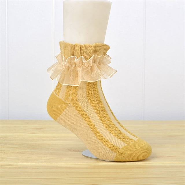RXIRUCGD 3PC Children's Lace Lace Girls' Socks Cotton Mesh Princess Socks Cute Mid Length Socks( Yellow, Size:M )