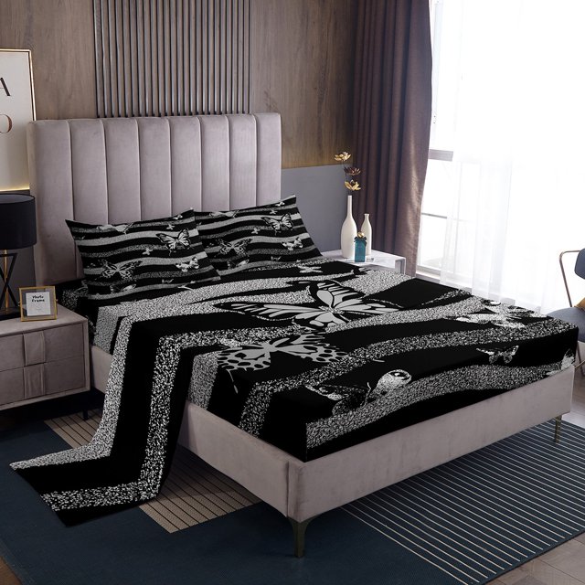 Erosebridal Black Grey Striped Bed Sheets Set Full Size, Butterfly Print Bedroom Set, 4pcs