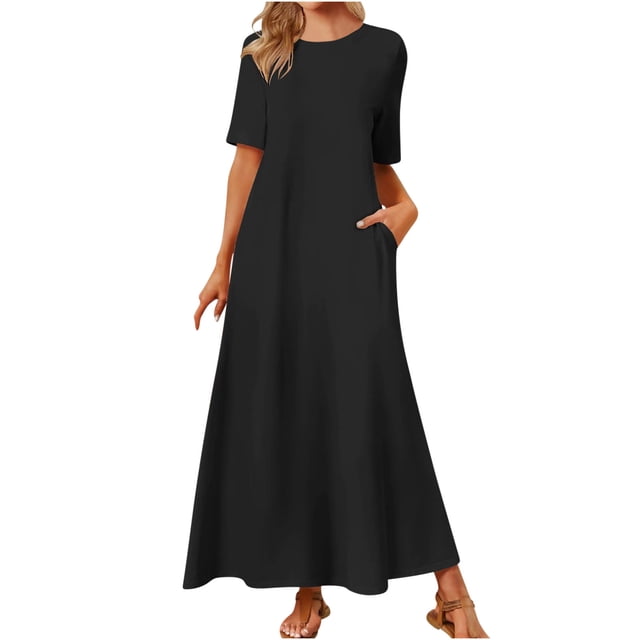 AherBiu Robes pour Femmes Décontractées à Col Rond, Robe Maxi Fluide de Couleur Unie Noire. Cette Longue Robe à Manches Courtes et Coupe Ample Présente un design à Col Rond et des Poches Latérales, Fabriquée en Tissu polyester Doux et Respirant. Convient aux occasions Décontractées comme le Magasinage, les Voyages Ou le Port Quotidien.