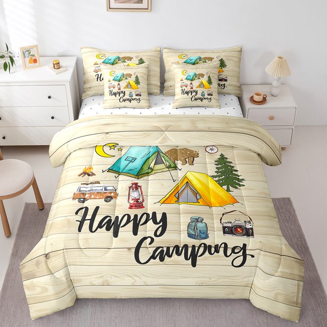 YST Happy Camping Wooden Plank Rustic Comforter Set, Polyester, Queen Size (7 Count)