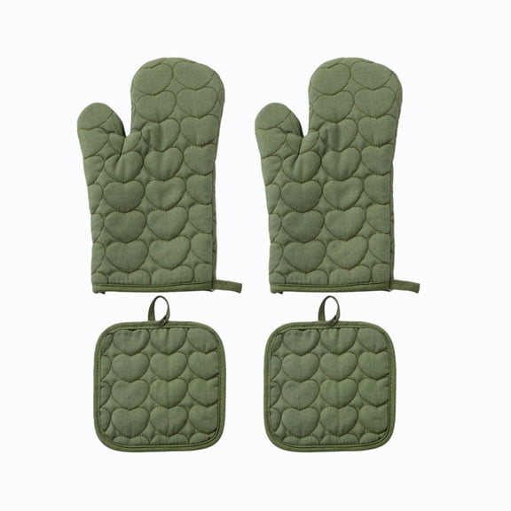 Oven Mitts and Pot Holders Set 4 Piece Heart Pattern Heat Resistant Cotton Kitchen Gloves for Baking Cooking Grilling and Serving Meals