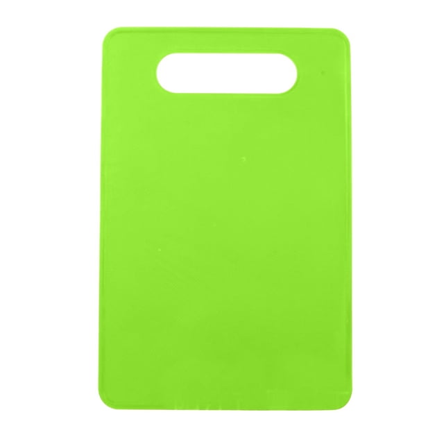 SUWHWEA Environmentally Friendly Color Plastic Non-Slip Cutting Board in vibrant green, made of durable food-grade PP material. Measuring 29x19 cm, it features a matte non-slip surface and a handle cutout for easy storage. Suitable for kitchenware use, preventing food cross-contamination, and dishwasher safe. Often used as a cushion for countertops.