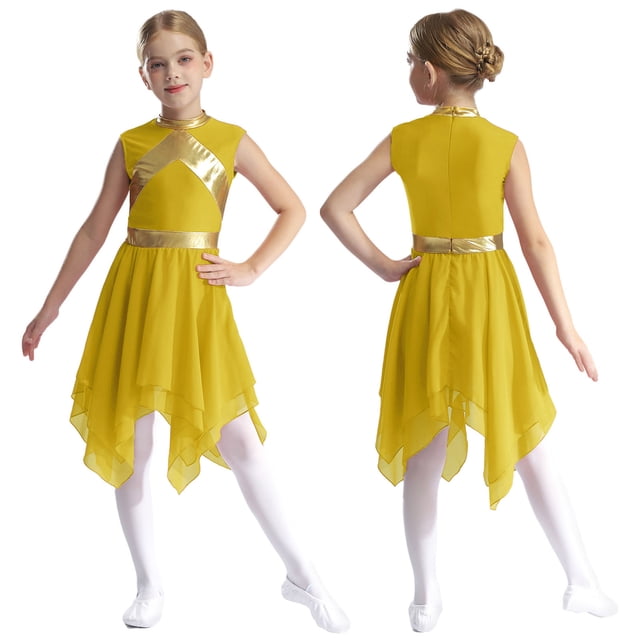 MSemis Robe de Danse de Louange Sans Manches pour Filles Enfants, Robe de Culte Liturgique, Costume, Robe d'Église, Robe Longue 6-16 Ans Jaune 12