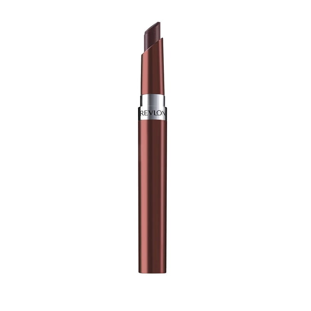Revlon Ultra HD Gel Lipstick in a slim metallic brown tube with a silver band showing the Revlon logo, featuring a dark brown angled lipstick tip, providing lightweight, hydrating gel colour with hyaluronic acid for high-definition lip makeup.